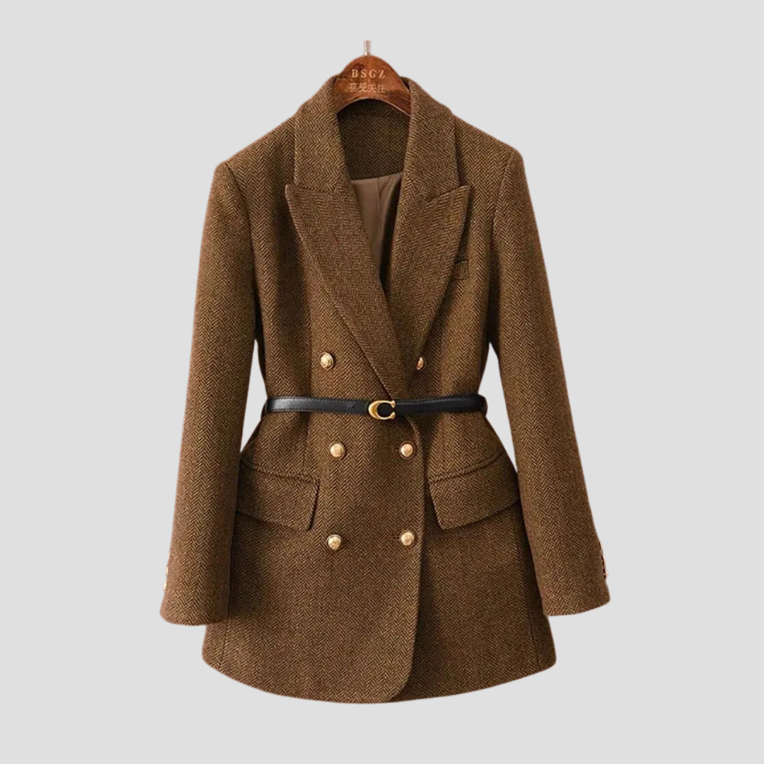 MAROWEN | Women’s Chevron Tweed Coat with Double-Breasted Design