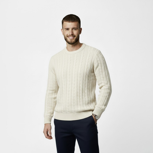 MAROWEN | Men’s Cotton Blend Cable Crew Neck Jumper