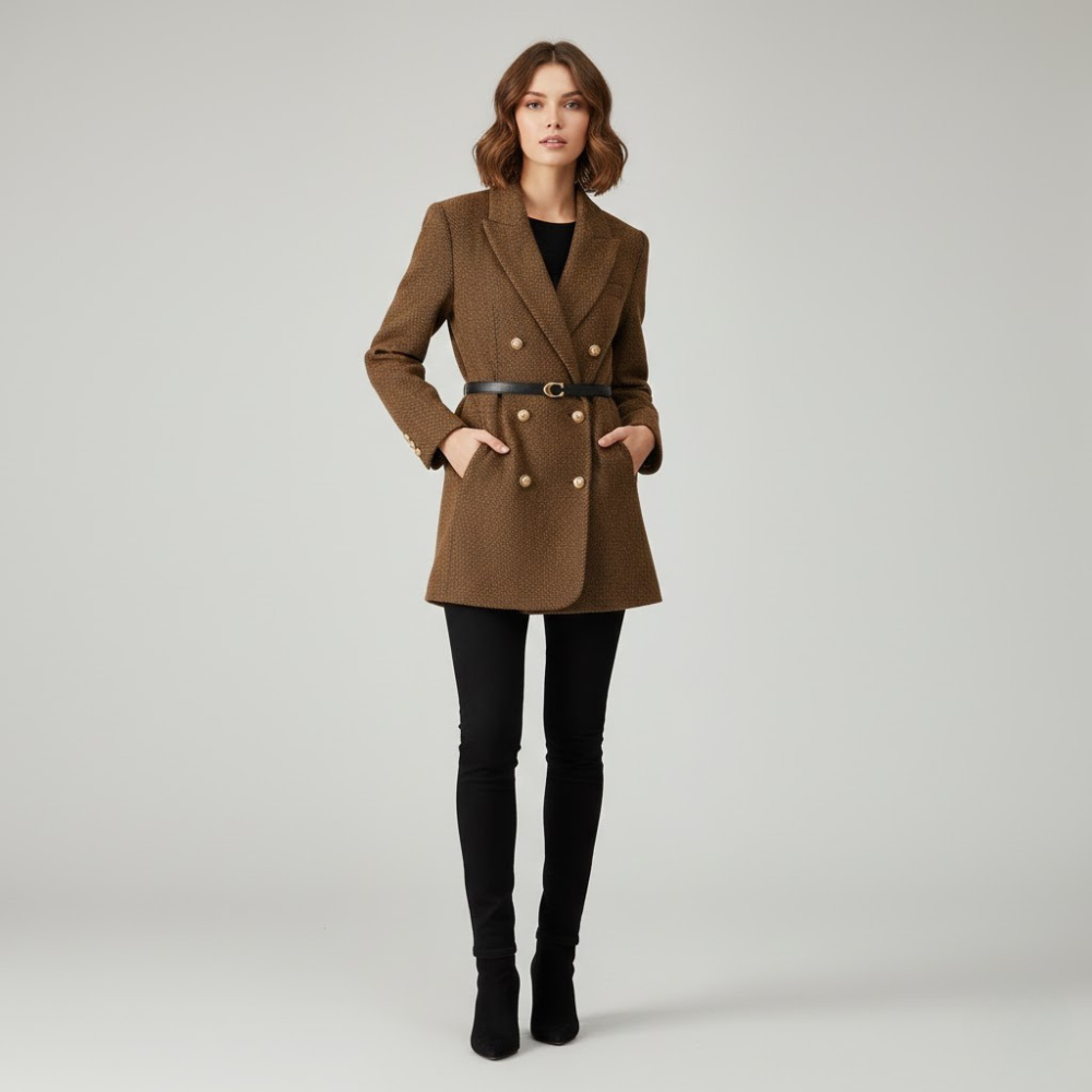 MAROWEN | Women’s Chevron Tweed Coat with Double-Breasted Design