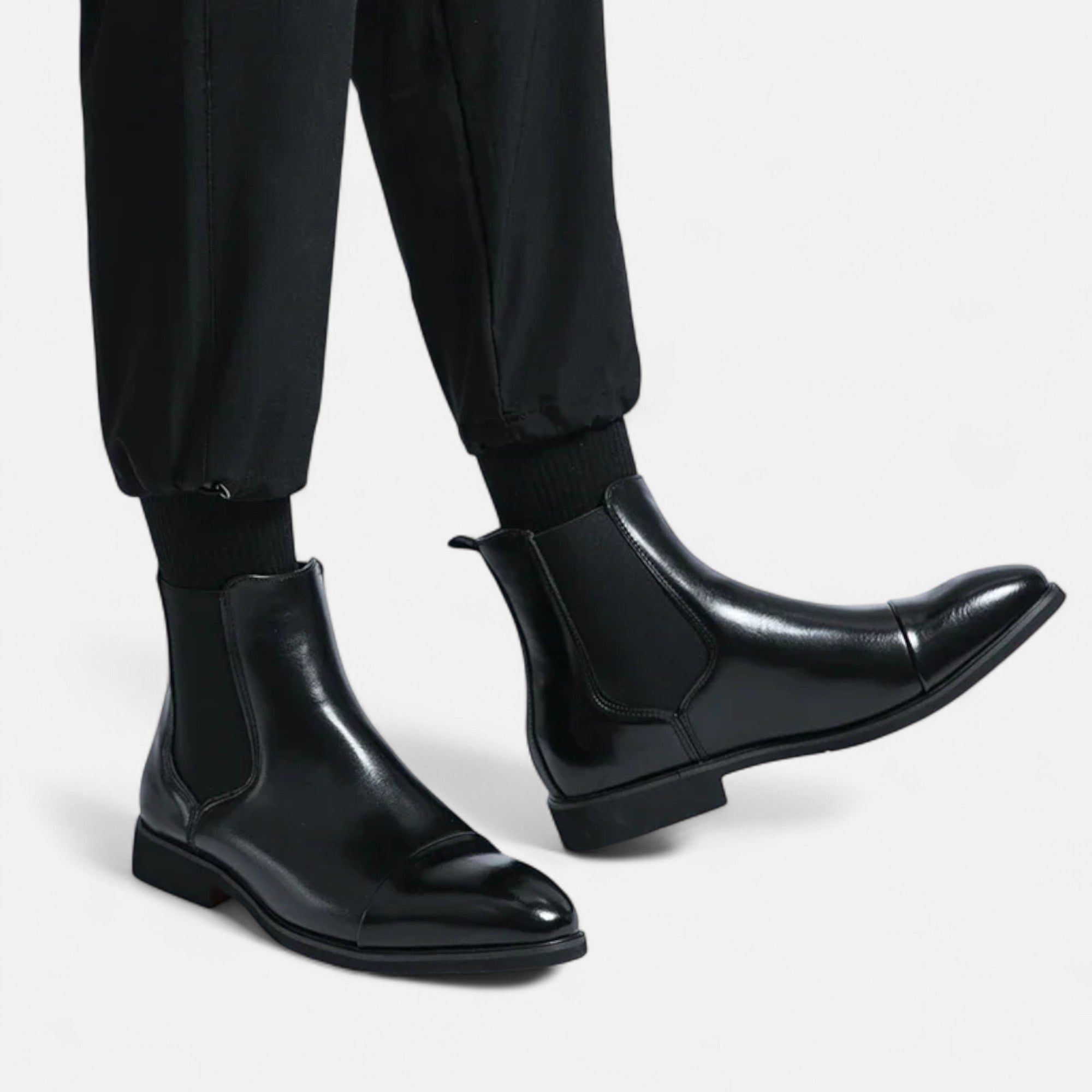 MAROWEN | Men’s Chelsea Boots in Polished Noir with Red Sole