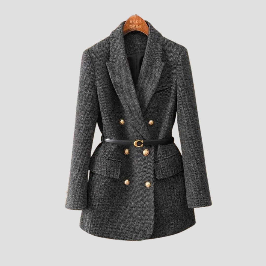 MAROWEN | Women’s Chevron Tweed Coat with Double-Breasted Design