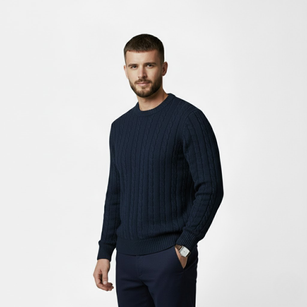 MAROWEN | Men’s Cotton Blend Cable Crew Neck Jumper
