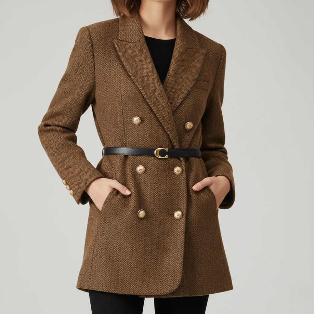 MAROWEN | Women’s Chevron Tweed Coat with Double-Breasted Design
