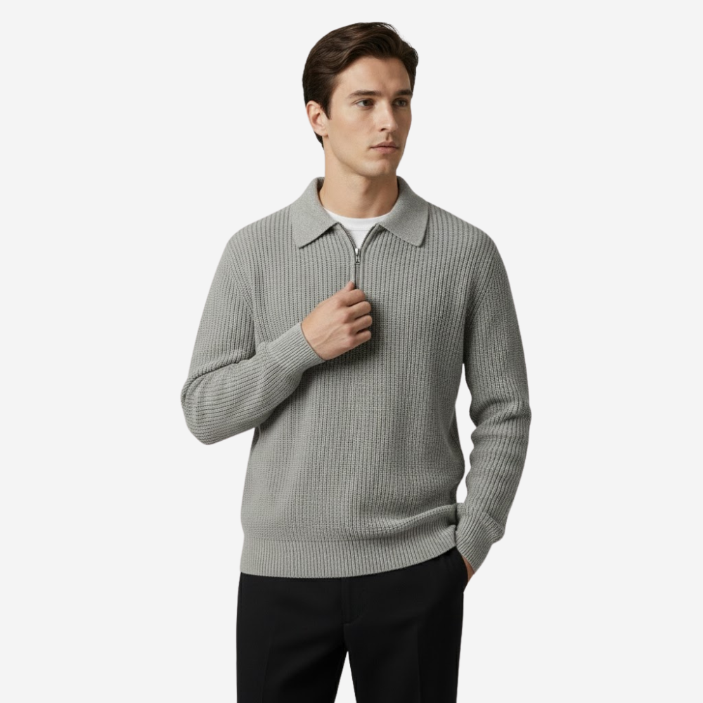 MAROWEN | Men’s Quarter-Zip Knitted Jumper with Classic Polo Collar