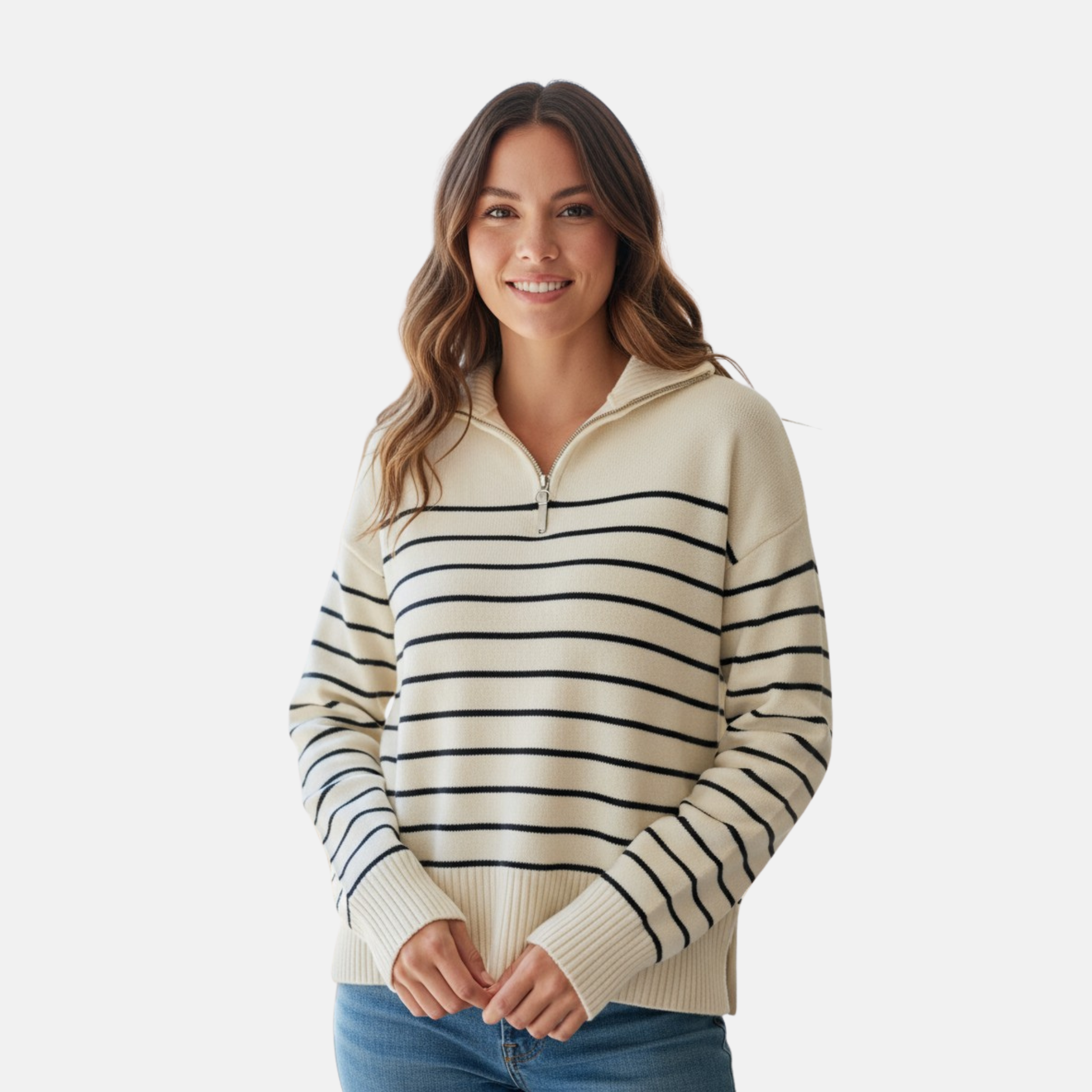 MAROWEN | Women’s Half-Zip Wool Sweater with Striped Design