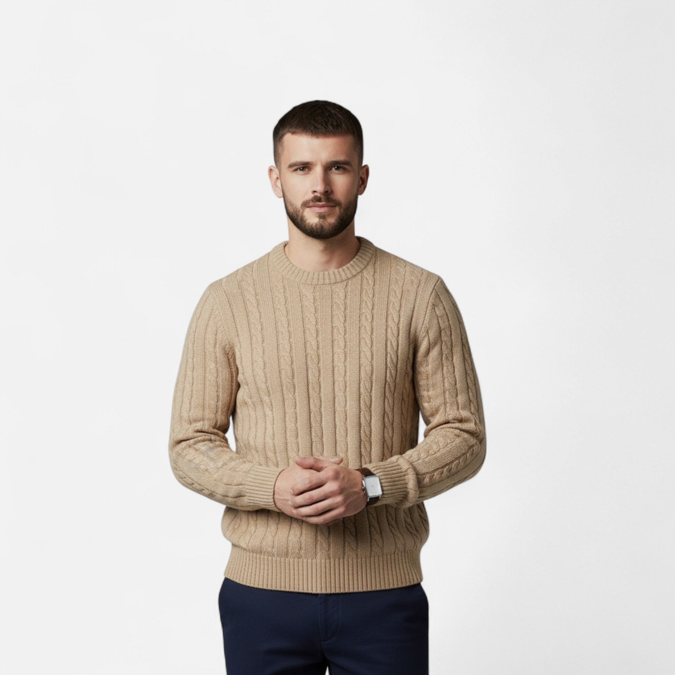 MAROWEN | Men’s Cotton Blend Cable Crew Neck Jumper