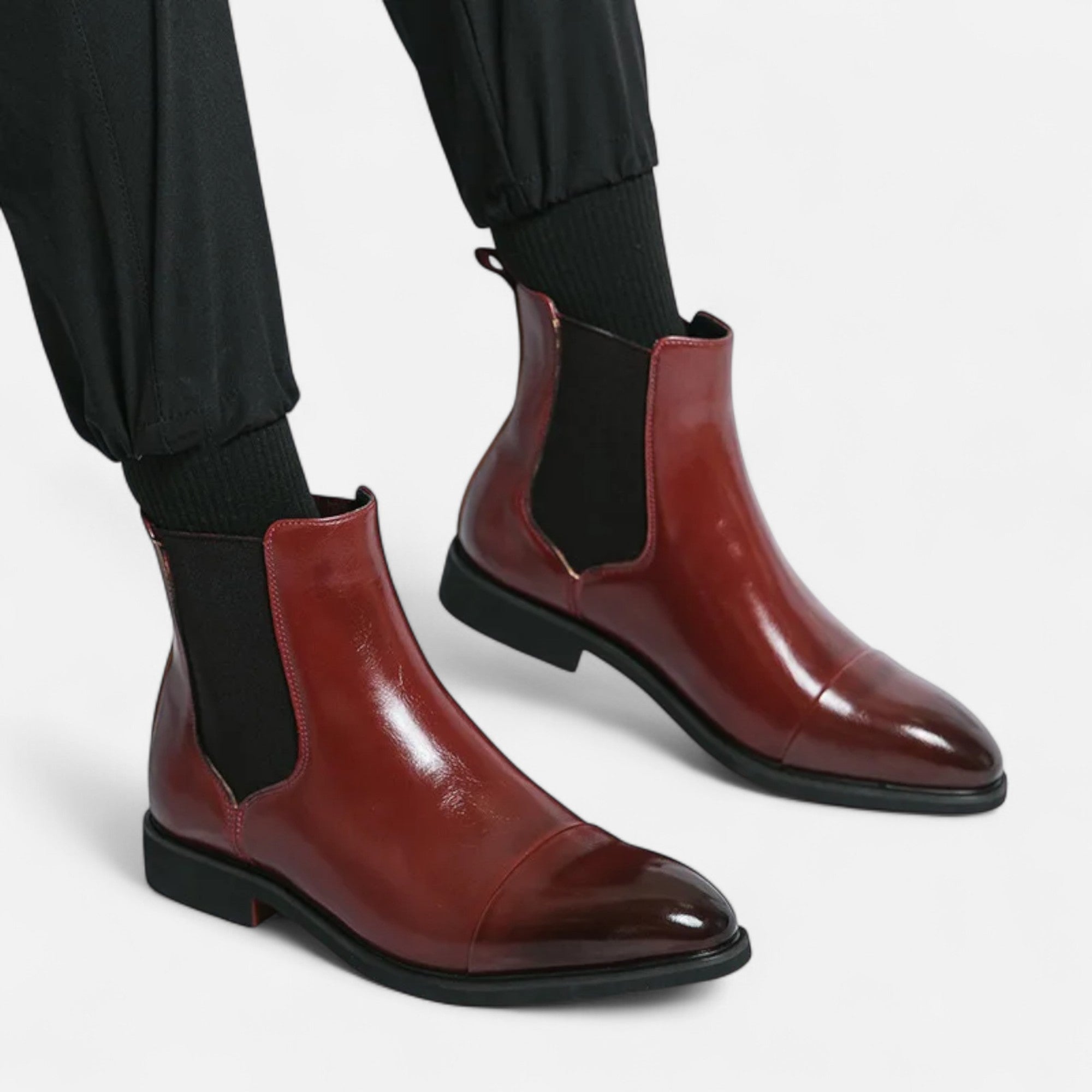 MAROWEN | Men’s Chelsea Boots in Polished Noir with Red Sole